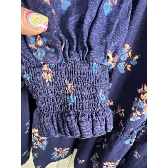 Free People Petit Fours Boho Linen Blend Tiered Mini Dress Size Small Indigo - Picture 7 of 15